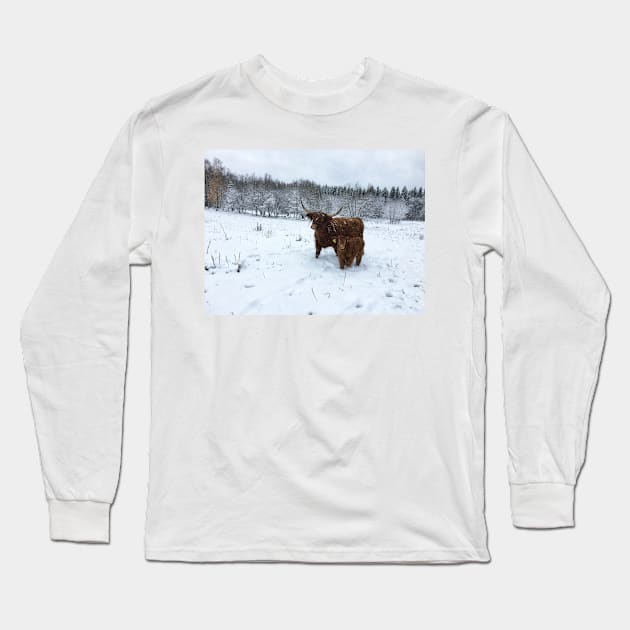 Scottish Highland Cattle Cow and Calf 1585 Long Sleeve T-Shirt by SaarelaHighland